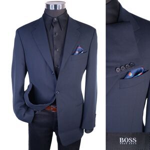 BOSS Hugo Boss Men 3 Button Blazer 38R Wool Solid Blue Coat Jacket Blazer EUC